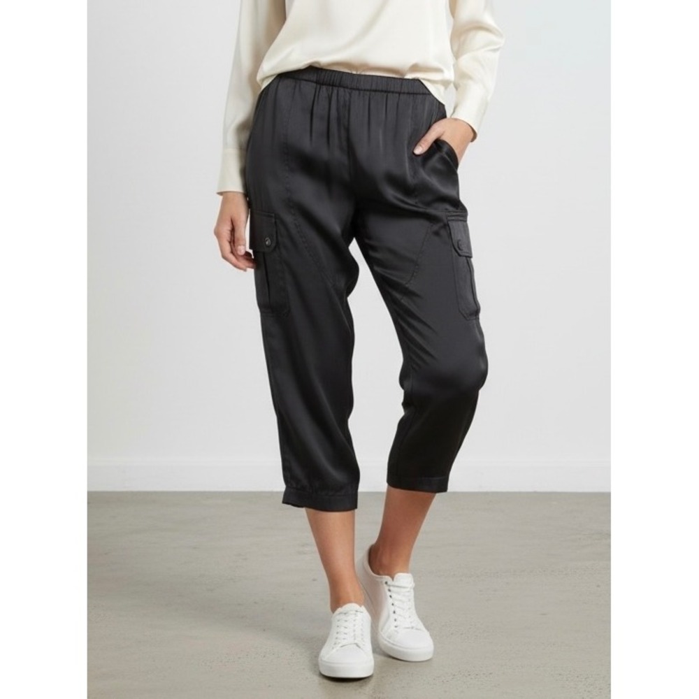 BCBGMAXAZRIA Dark Navy Blue Satin Cargo Jogger Pants Ankle Zip Small